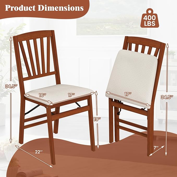 COSTWAY Folding Dining Chairs Set of 4, Upholstered Wooden Dining Room Chairs with Fabric Padded Seat, Solid Wood Frame and 400LBS Capacity for Kitchen Apartment (Beige & Brown)