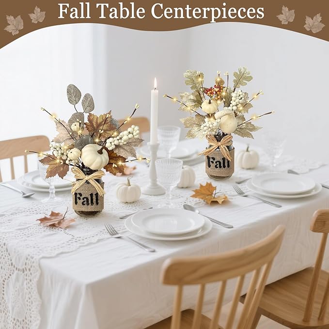 2 Pack 13.5 Inch Fall Decorations for Home Fall Table Centerpieces with 20 LED Lights Timer, Mason Jar with Maple Leafed Pumpkins Berried Thanksgiving Fall Home Decor for Table Coffee Table Bathroom