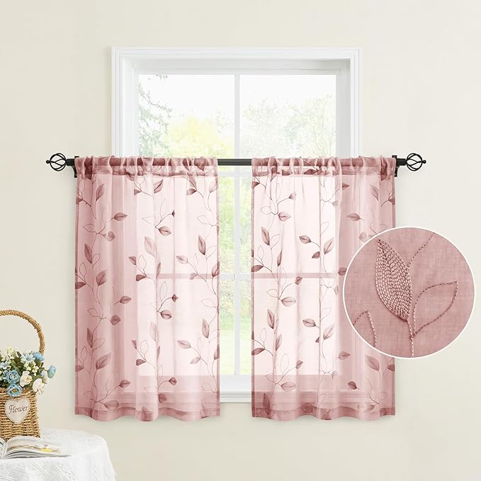 HOMEIDEAS Blush Pink Sheer Kitchen Curtains 30 X 36 Inch Length 2 Panels Embroidered Leaf Pattern Short Bathroom Window Curtains for Small Window Valance Tiers