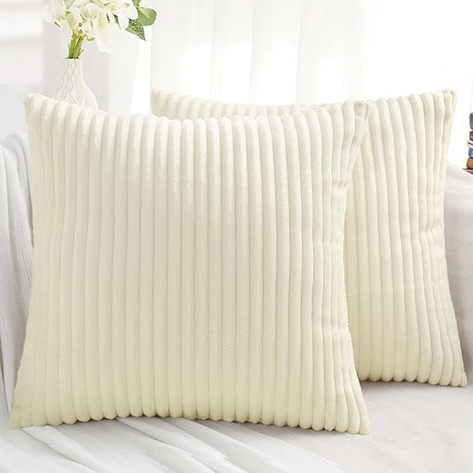 Simmore Decorative Fall Throw Pillow Covers 24x24 Set of 2, Soft Natural Plush Flannel Double-Sided Fluffy Couch Pillow Covers for Sofa Living Room, Beige