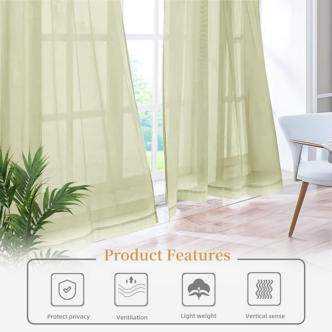 Sheer Curtains 72 Inches Long 2 Panels, Rod Pocket Short Curtain for Kitchen, Bedroom, Cafe Window(Sage Green 38" W x 72" L)