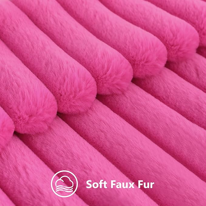 decorUhome Faux Fur Throw Pillow Covers 12x20 Set of 2, Decorative Soft Plush Striped Lumbar Neutral Couch Euro Pillow Covers with Velvet Back for Sofa, Bed, Living Room Home Decor, Hot Pink