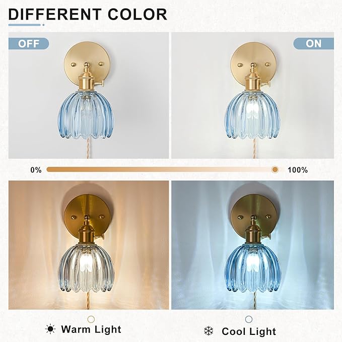 Plug in Wall Sconce, Vintage Sconce Light with Tulip Denim Blue Glass Lampshade, 180° Adjustable Wall Sconce with Switch and Plug in Wall Lamp Cord, Gold Wall Light for Bedroom Bedside