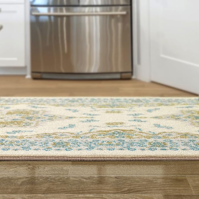 Antep Rugs Alfombras Oriental Traditional 2x10 Non-Skid (Non-Slip) Low Profile Pile Rubber Backing Indoor Runner Rugs (Blue Beige, 2' x 10')