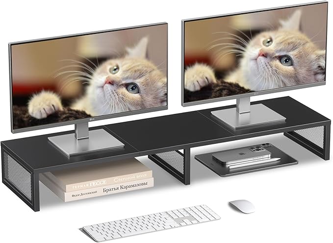 Dual Computer Monitor Stand Riser, Desk Organizers and Accessories, Printer & TV Stand, Desk Shelf, Office Desk Accessories & Desktop Workspace Organizer for Office Supplies, Black