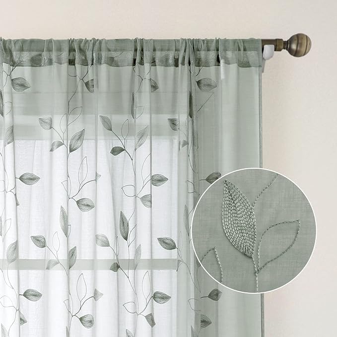 HOMEIDEAS Sage Green Sheer Kitchen Curtains 52 x 45 Inch Length 2 Panels Embroidered Leaf Pattern Short Curtains for Bedroom Half Small Window Rod Pocket Tiers