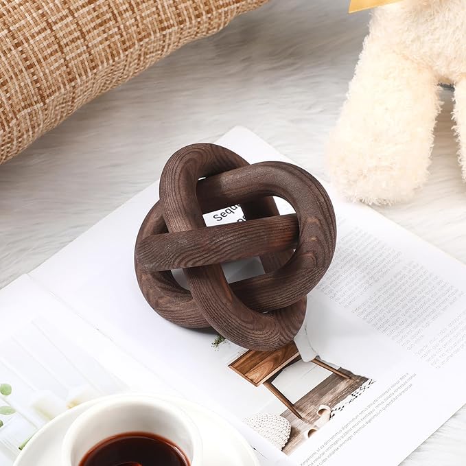 3 Link Wood Knot Decor - Hand Carved Coffee Table Decoration, Boho Chain Link Decor, Modern Shelf, Rustic Objects for Home Living Room Bedroom(Black Walnut)