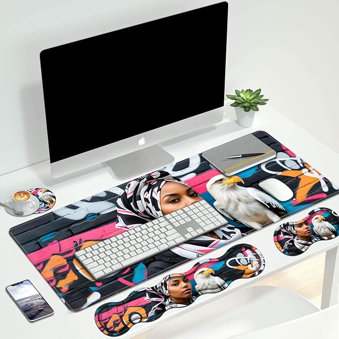 4 in 1 Ergonomic Keyboard Wrist Rest & Mouse Pad Wrist Rest Set, Large XXL Gaming Desk Mat 31.5"x 11.8" with Non-Slip Base, Memory Foam for Home Office Study Gaming, American Black Girl Bald Eagle