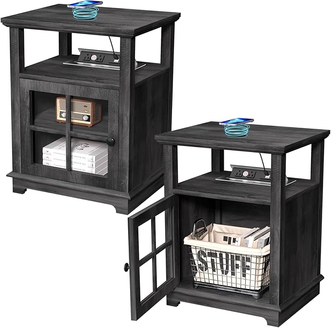 HIFYOBRO End Table with Charging Station, Adjustable Shelf & Storage, Modern Farmhouse Nightstand for Bedroom, Living Room, Office