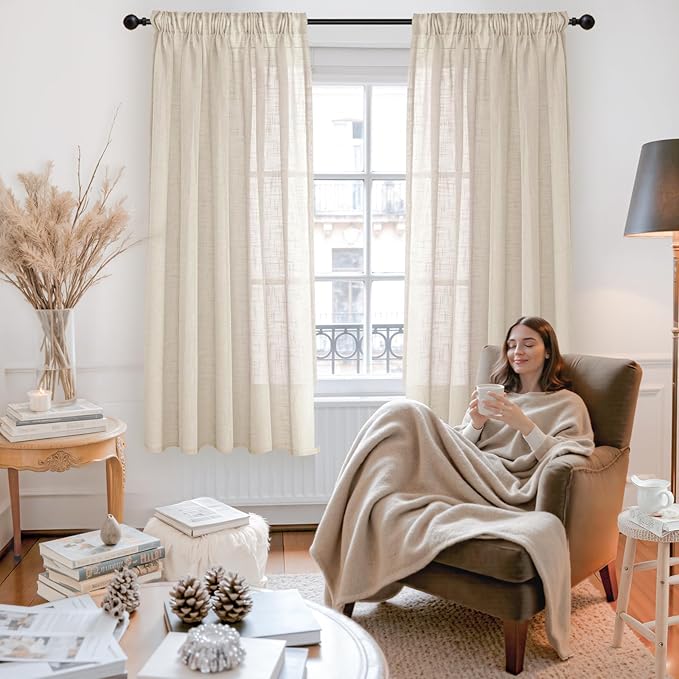 YoungsTex Oatmeal Linen Semi Sheer Curtains 63 Inch Length 2 Panels, Light Filtering Drapes Natural Textured with Rod Pocket Back Tab for Living Room Bedroom Window, 42 X 63 Inch