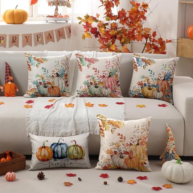 DFXSZ Fall Pillow Covers 18x18 inch Set of 2 Pink Green Pumpkin Fallen Leaves Decorative Outdoor Throw PillowCovers Autumn Thanksgiving Farmhouse Decoration for Home Couch TH27-J18