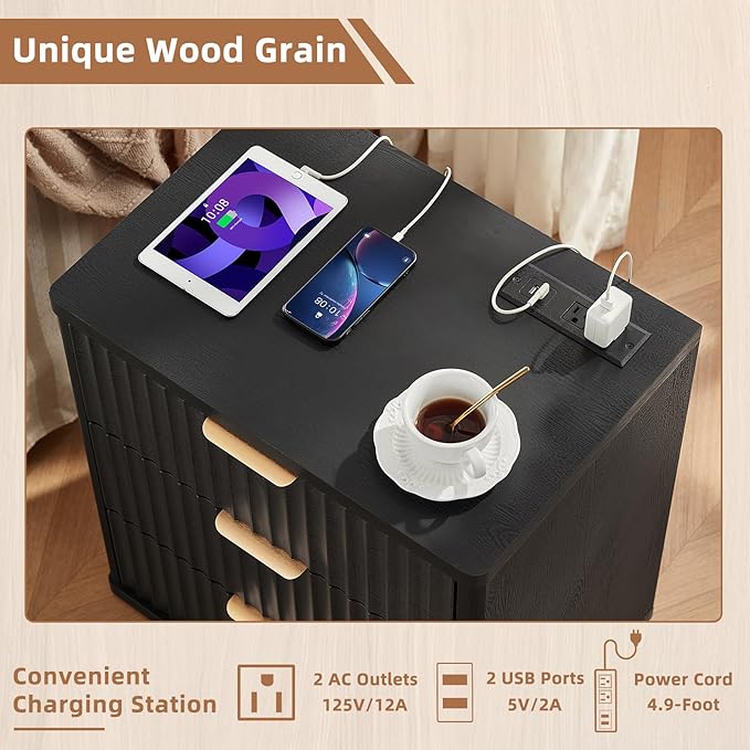 LEYAOYAO 23" Wide Fluted Night Stand with Charging Station,3 Drawers Large End Table with Storage,Black Nightstand Wood Bedside Tables, Farmhouse Cabinet Dresser for Bedroom,Closet