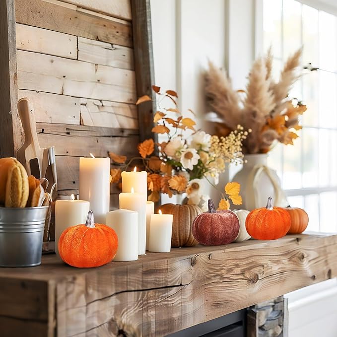 12pcs Velvet Fake Pumpkins Fall Decor Faux Small Foam Fabric Pumpkin for Autumn Table Centerpiece Party Farmhouse Harvest Thanksgiving (Orange/Desert Tan)