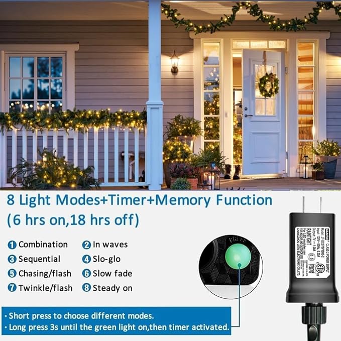 YEGUO 200 LED 66ft Christmas Lights Outdoor Waterproof, Warm White String Light Indoor, 8 Modes Green Wire Twinkle Xmas Tree Light Plug in with Memory Timer