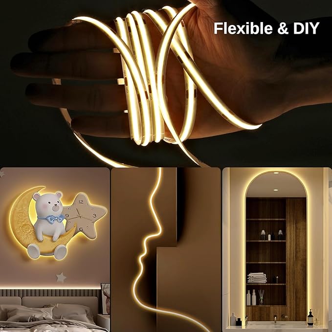 COB LED Strip Light Warm White, 33ft Dimmable 3000K Super Bright White Led Lights Strip with RF Remote and UL Power Supply, 24V Flexible LED Tape Light for Bedroom, Kitchen, DIY Lighting