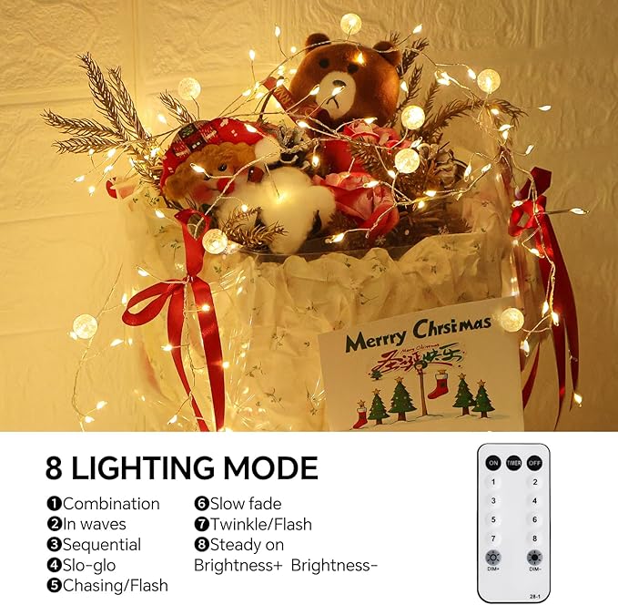 Battery Powered Fairy Lights with Remote, 200Led Cluster Lights Christmas Twinkly Globe String Lights for Christmas Tree Waterproof Copper Wire Firecracker Light for Bedroom Indoor Decoration