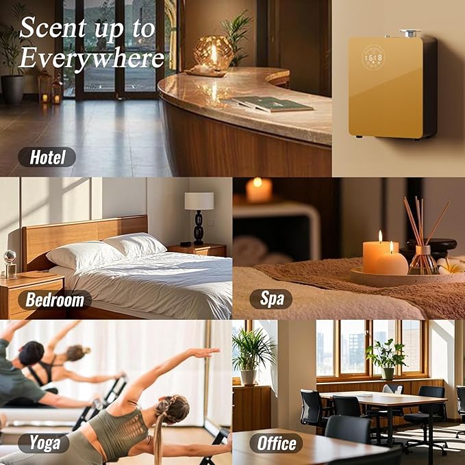 Smart Waterless Diffuser - Scent Air Machine for Home & Commercial Use, Covers 3000 sq. ft., Nebulizing HVAC or Portable Large Room Waterless Diffusers, Touch & Bluetooth Control, Metal, Golden