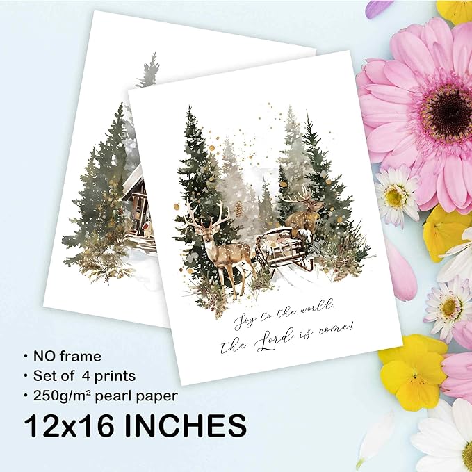 TLESKE Winter Deer Reindeer Christmas Carols Posters Prints Unframed Set of 4, Vintage Christmas Tree Wall Art Prints Decor for Living Room Bedroom, Joy to the World Wall Pictures, 12x16