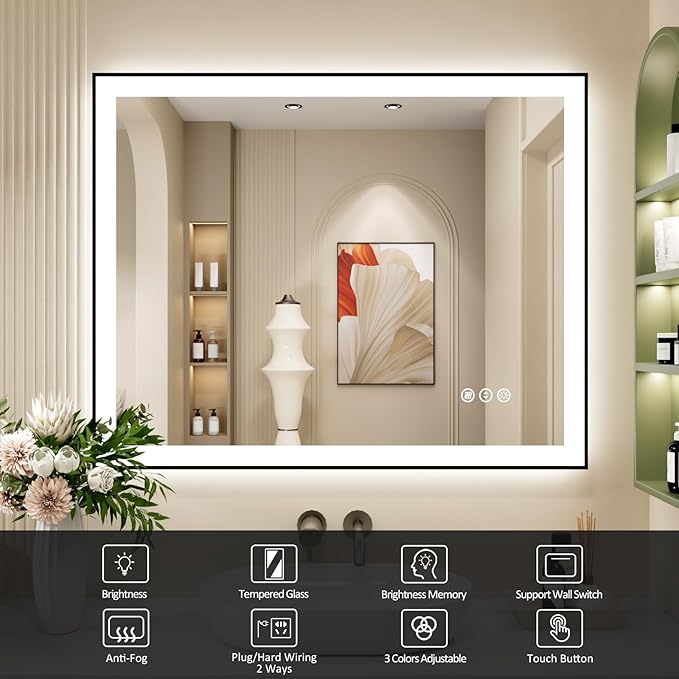 40x32 Inch LED Bathroom Mirror with Black Frame, Backlit and Front Lighted Bathroom Mirrors for Wall, Anti-Fog, Dimmable, Memory, Shatterproof, LED Vanity Mirror for Bathroom