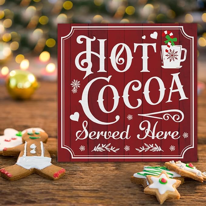 Vintage Christmas Decor, Hot Cocoa Wooden Sign, Coffee Bar Wooden Block Sign, Christmas Kitchen Decorations for Table Shelf 5 x 5 Inch