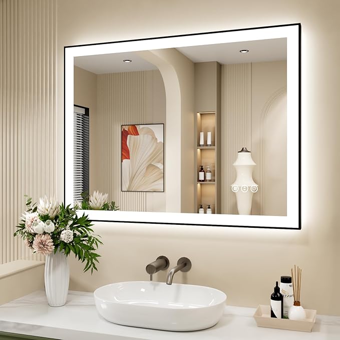 40x32 Inch LED Bathroom Mirror with Black Frame, Backlit and Front Lighted Bathroom Mirrors for Wall, Anti-Fog, Dimmable, Memory, Shatterproof, LED Vanity Mirror for Bathroom