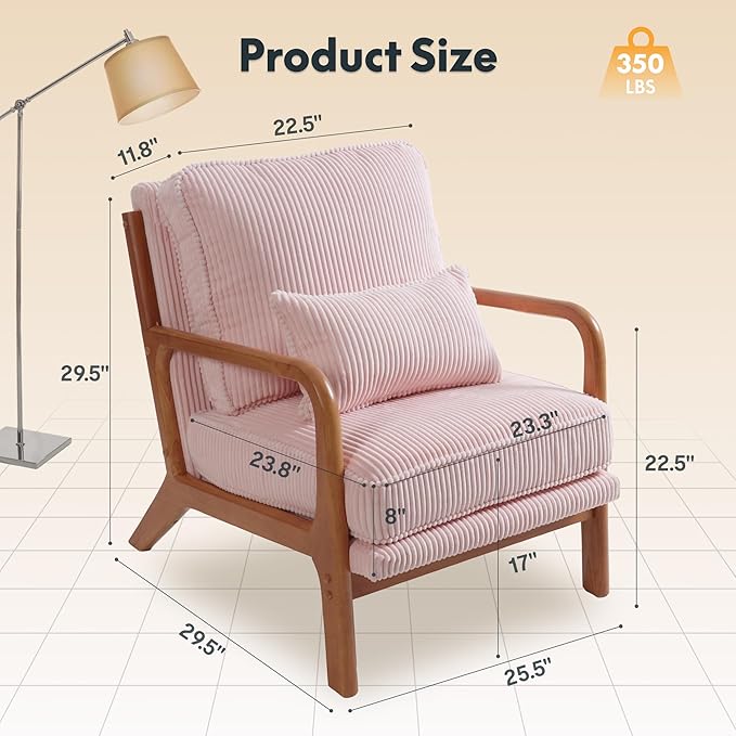 FLEXISPOT AC1 Mid Century Modern Accent Chairs Set of 2, Corduroy Upholstered Armchairs with Wood Frame, Thick Backrest & Lumbar Pillow, Comfy Reading Chairs for Living Room, Bedroom, Balcony (Pink)