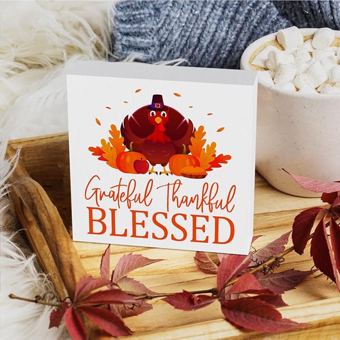 HTBIG Thanksgiving Blessed Grateful Thankful Fall Decor Wooden Turkey Wooden Box Signs for Home Fall ation Thanksgiving Room Indoor Desktop Decor 5 x 5 Inch