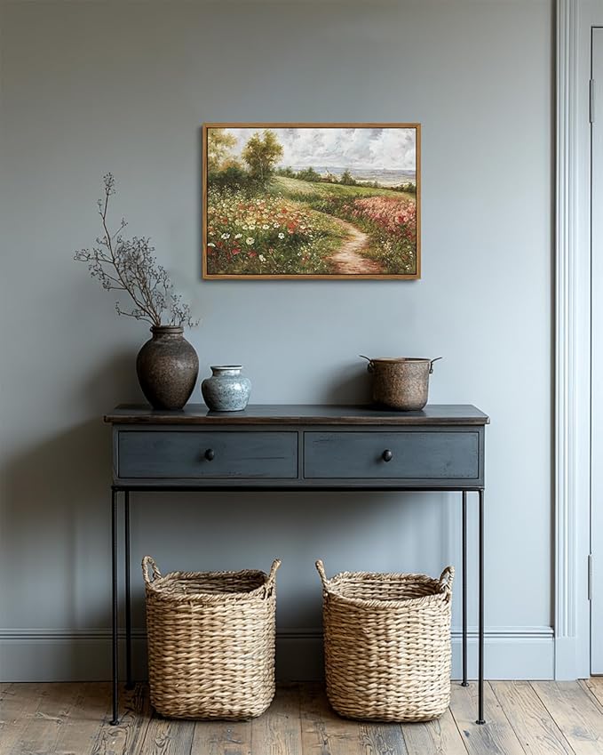 KISSFOX Vintage Landscape Framed Wall Art Spring Rustic Pathway Flower Field Canvas Art Natural Countryside Paintings Artwork Farmhouse Art Prints For Bedroom Bathroom Living Room
