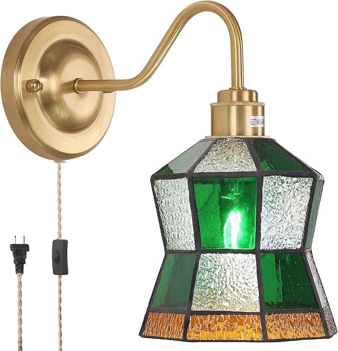 Vintage Wall Sconce, Wall Lamps with Polygonal Checker Sconce, Stained Glass Shade Brass Wall Lights Fixture with Plug in Cord and Switch for Bedroom Bathroom Living Room Hallway
