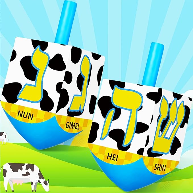 2 Pcs Hanukkah Dreidels Game Toy Extra Large Wooden Dreidel for Hanukkah Decoration with English Transliteration, Forever Spinning Tops Party Favors(Cow Print)