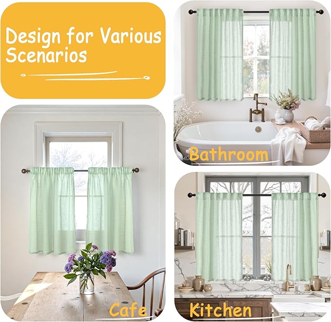 YoungsTex Sage Green Linen Curtains 40 Inch Length for Kitchen Cafe Window, Semi Sheer Short Drapes with Rod Pocket Back Tab Textured Light Filtering for Bathroom, 2 Panels, 34 X 40 Inch