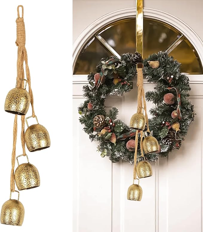 Styleonme Decorative Bells, Christmas Decor, Huangma Hanging Rope Metal Decorative Bull Bells, 4-Piece Set of Harmonious Bells, Vintage Handmade Rustic Lucky Christmas Cow Bells