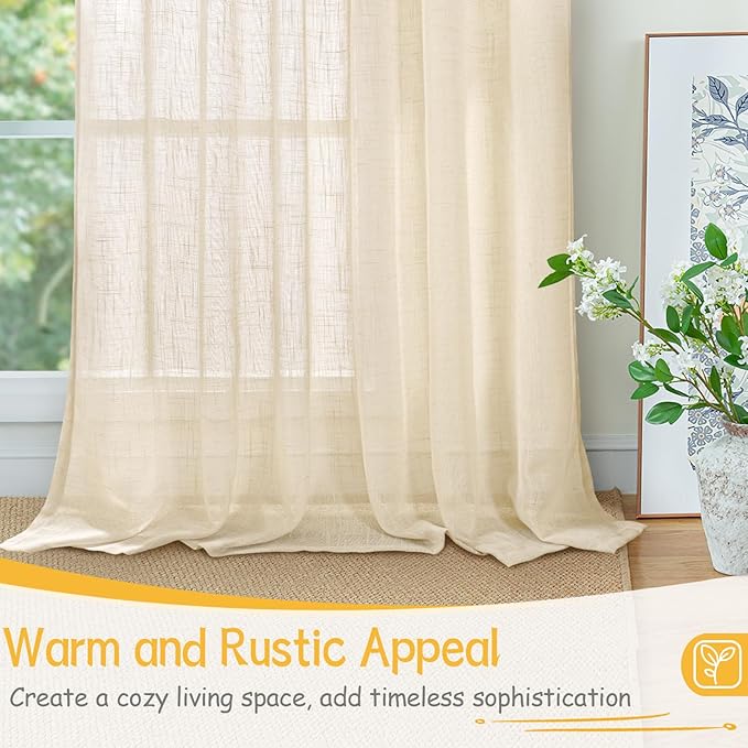 YoungsTex Beige Linen Semi Sheer Curtains 40 Inch Length for Kitchen Window, Short Drapes Textured Light Filtering with Rod Pocket Back Tab for Cafe Bathroom Bedroom, 2 Panels, 42 X 40 Inch
