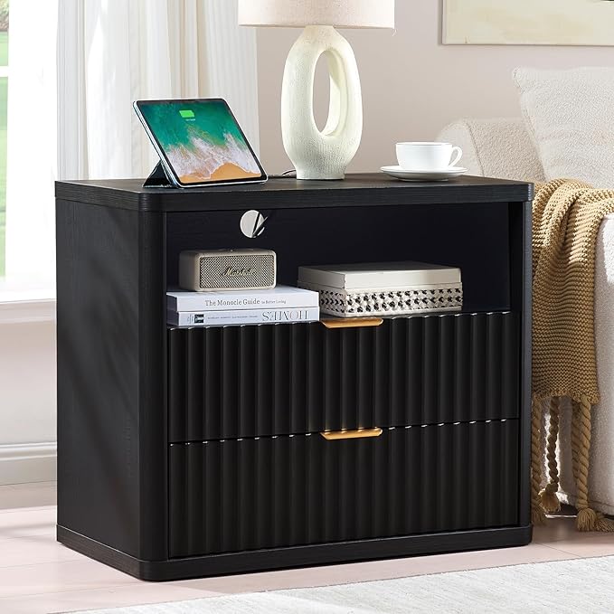 LEYAOYAO 31" Wide Fluted Nightstand with Charging Station, Oversized Extra Large 2 Drawers Night Stand,Black Wood Bedside Table,Tall Bed Side End Tables,Modern Chest of Drawers Dressers for Bedroom