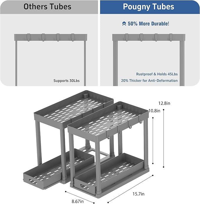 2PC Under Sink Organizer Rack 2 Tier Under Sliding Cabinet Basket Organizer Drawer with 4 Hooks, Multi-purpose Under Sink Storage for Bathroom Kitchen Desktop(Grey)