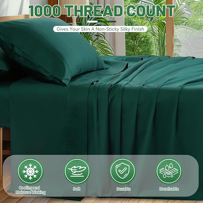 100% Egyptian Cotton Sheets King Size 4PCS 1000 Thread Count Sateen Weave Soft Breathable 16-Inch Deep Pocket (King,Dark Green)
