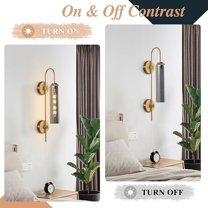 BOKT Mid Century Modern Brass Gold Plug in Wall Light Lamp 1 Light Indoor Smoke Gray Glass Wall Sconce Lighting Single Vintage Wall Mounted Bedroom Lights Plug in Sconces Wall Lighting (Smoke Gray)