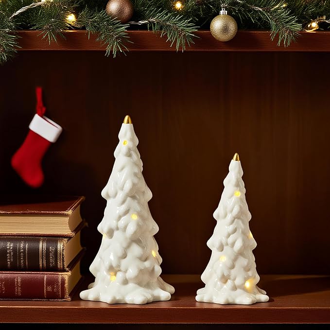 DN DECONATION Ceramic Christmas Tree with Lights, Tabletop Tree Decor for Home, Battery-Operated White Xmas Tree Snow-Covered Set of 2 for Christmas Mantel Table Centerpiece Decorations