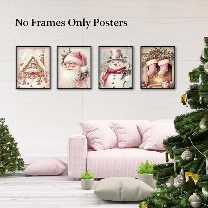 TFKFJLF Pink Vintage Christmas Santa Claus Wall Art Poster Decor, Retro Christmas Snowman Decor Wall Art, Vacation Decorations for Bedroom Bathroom Living Room Office, Unframed 8x10in Set of 4