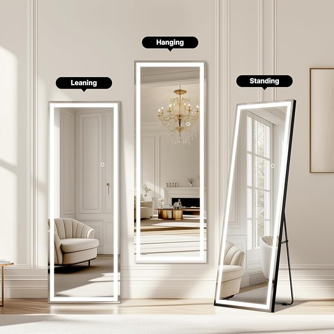 Kosmonia 56"x18" Full Length LED Mirror with Lights, Dimmable Standing/Wall Mirror for Bedroom, Full Body Lighted Floor Mirror, Tempered Glass