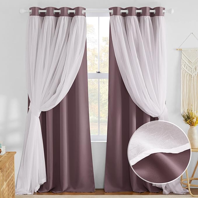 NICETOWN Living Room Curtains - Thermal Insulated Blackout Curtains with White Crushed Sheer Mix & Match Farmhouse Window Covering for Home Decoration with Tie Ropes, Dry Rose, W52 x L84, 1 Pair