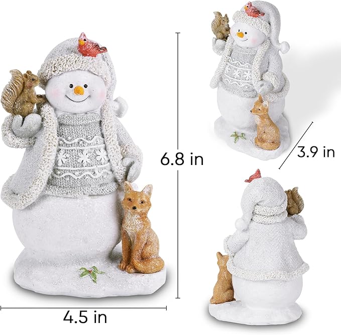 Christmas Snowman Decorations Indoor Figurines Glowing Knitting Design Gift Decor, Animated Xmas Home Ornament, Holiday Presents White & Blue with Animals Snow Buddies - White