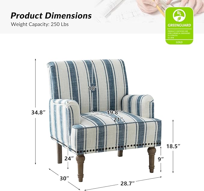 HULALA HOME Modern Armchair with Wooden Legs & Nailhead Trim, Comfy Upholstered Accent Chair for Living Room Bedroom Office(Stripe Pattern, Navy)