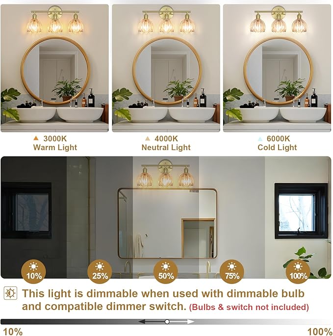 Vintage Bathroom Light Fixtures,3-Light Hardwired Vanity Lights Over Mirror,Gold Wall Sconces with Amber Tulip Glass Shade for Bathroom Living Room,E26 Socket(Bulbs Not Included)