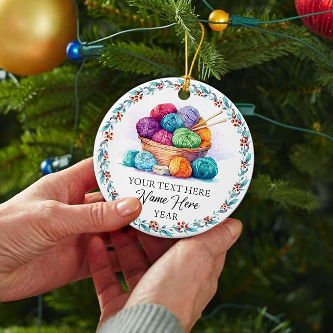 Knitting Ceramic Ornaments, Yarn Balls Ornaments, Personalized Crocheting Wood Ornament Christmas 2025, Customized Name & Year, Gifts for Mom Grandma, Knitting Accessories Ornament Xmas Tree Decor