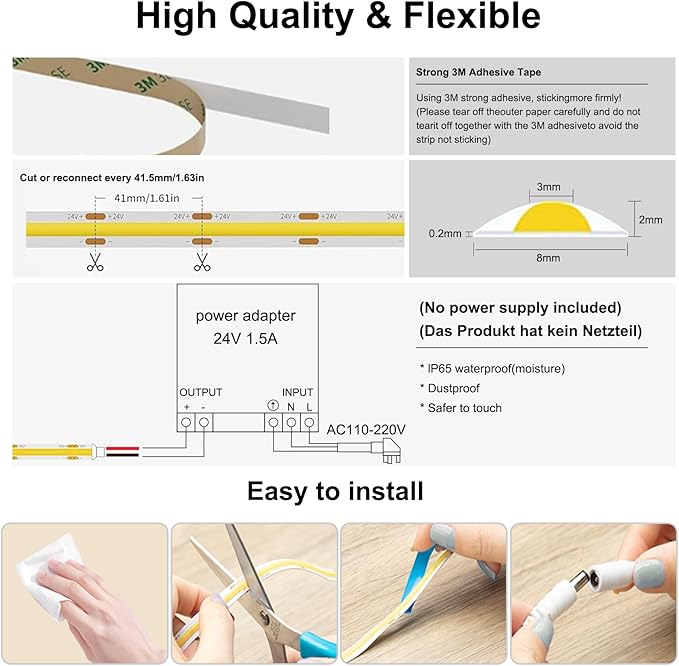 COB led Strips Lights,DC24V Outdoor led Strip,Cool White 6000K,320LEDs/M,8MM Wide,16.4ft/5M,CRI90+ IP65 Waterproof Strips Light for Bathroom Decor,Pool,Aquariums(Not Included Power)