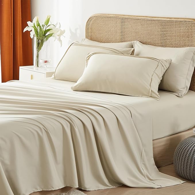 Yogeneg King Size Comforter Set 7 Piece Bed in a Bag,Grid Pinch Pleat Beige Bedding Set,Striped Textured Soft Microfiber Comforter with Sheet Set,All Season Complete Bed Set(Beige,King)