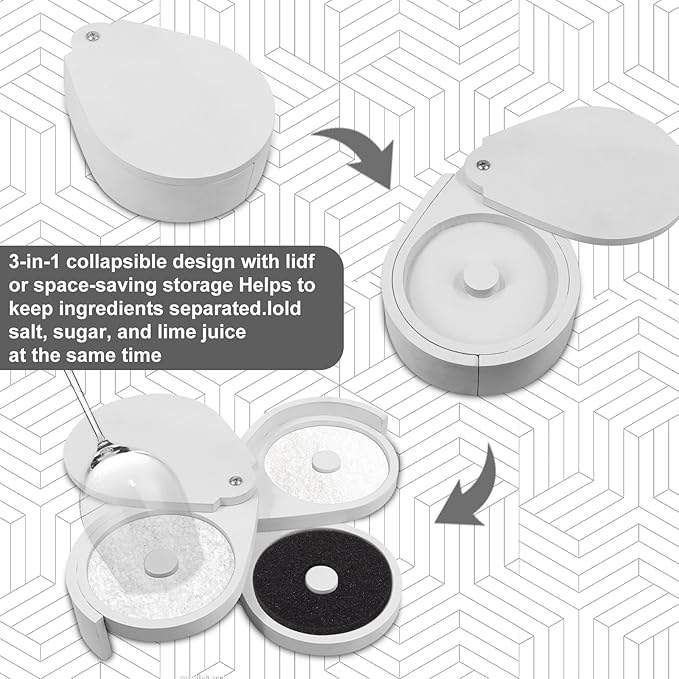 Margarita Salt Rimmer Set Bamboo– 3-Tier Bar Glass Rimmer with Lid and 6 Sponges for Cocktails, Perfect for Margaritas, Bloody Marys, and Manhattans – Ideal for Home and Parties White