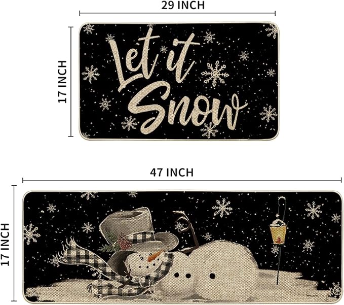 Artoid Mode Let It Snow Snowflake Snowman Light Christmas Decorative Kitchen Mats Set of 2, Home Party Low-Profile Kitchen Rugs - 17x29 and 17x47 Inch