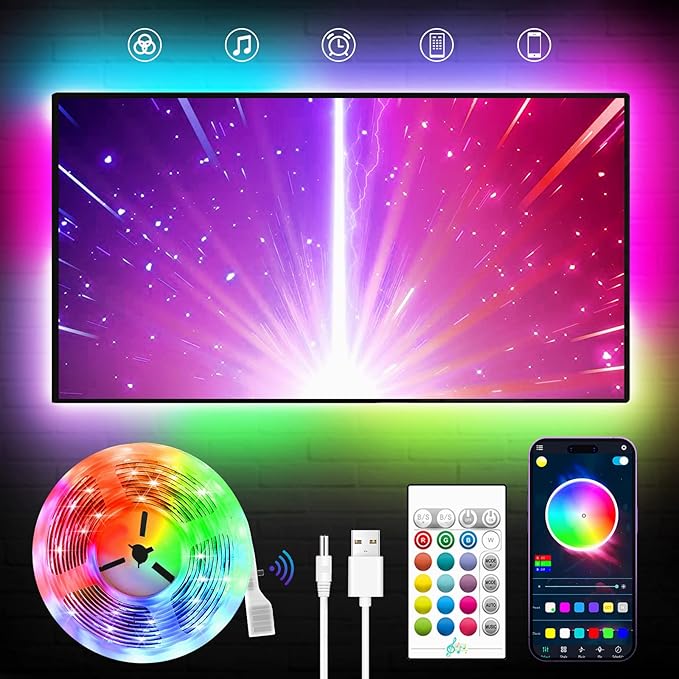 LED Backlight TV LED Strip Lights, 23ft RGB LED Lights with Remote, Music Sync Bluetooth APP Control, USB Powered for Bedroom/Gaming Room